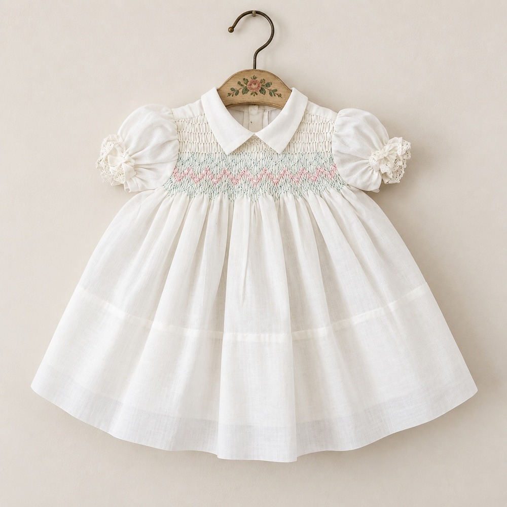 Vintage Polly Flinders Hand Smocked Infant Dress White Lace Peter Pan Collar